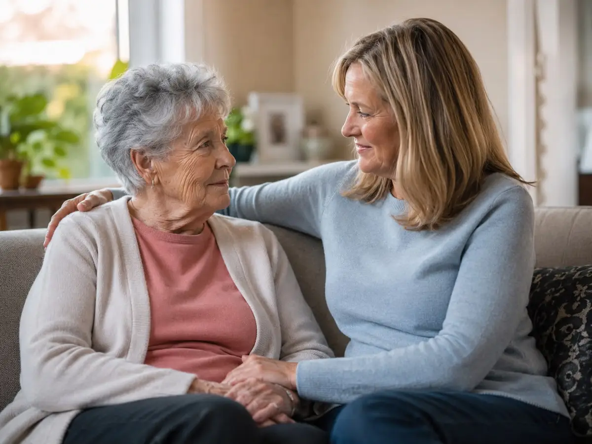 Older woman and family member talking at home