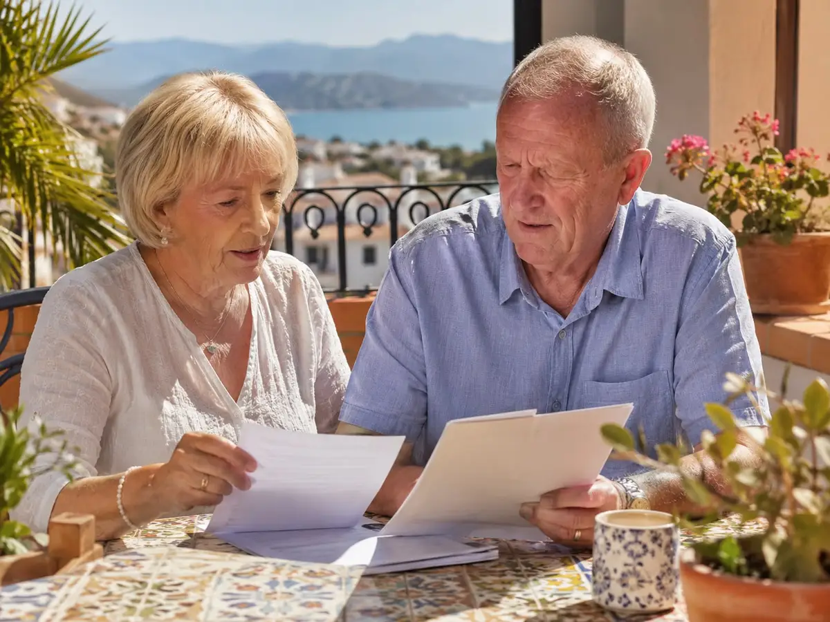 Older couple reviewing papers on a terrace in Spain